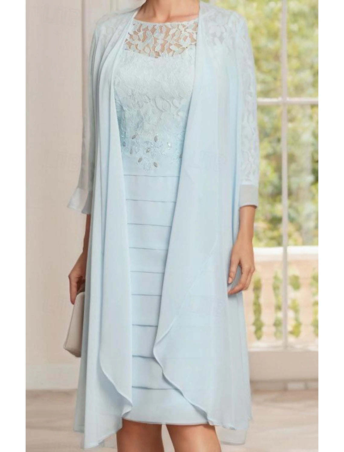 Buyishang Two Piece Sheath Mother of the Bride Dress Elegant Jewel Neck Knee Length Chiffon Lace 3/4 Length Sleeve Jacket Dresses with Lace Ruched free custom size